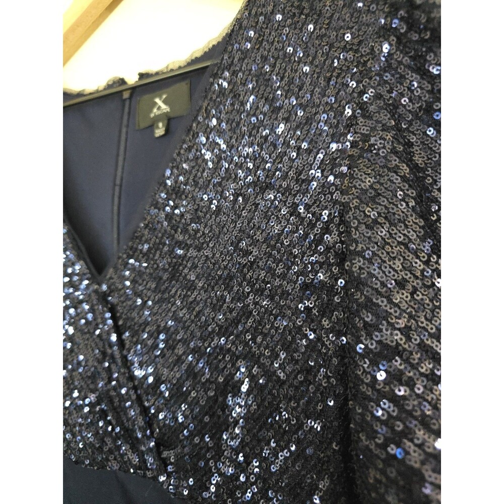 Xscape Navy Blue Sequin Ruffle Chiffon Maxi Dress V-Neck Flutter Sleeve Size 8 - Picture 6 of 11